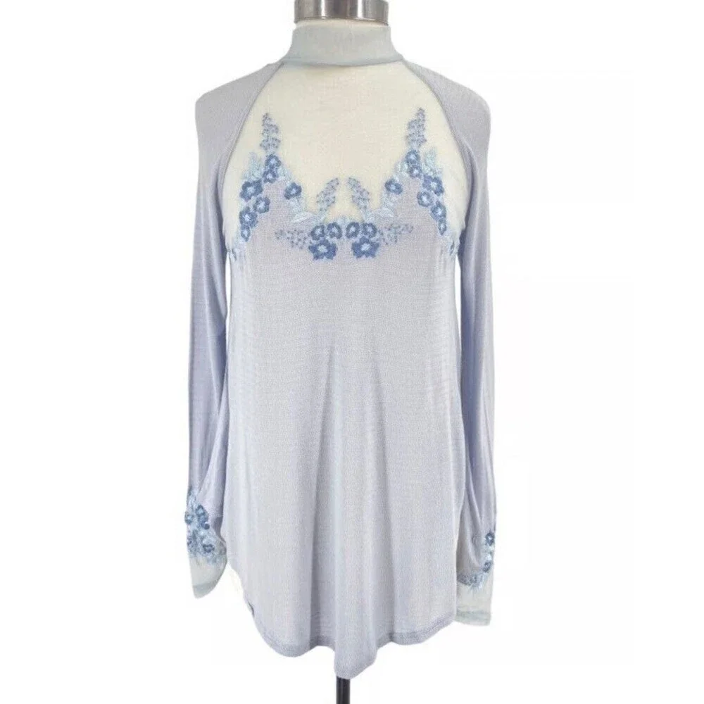Free People Saheli Top Glacier Ice Lace Embroidered Long Sleeve Tunic Size S